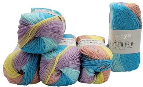 5 x 100 Gramm Papatya Cottonish Antipilling Wolle mit Farbverlauf, 500 Gramm Strickwolle mit Anti-Pilling Effekt Mehrfarbig (flieder blau gelb ua 06) von Ilkadim Export