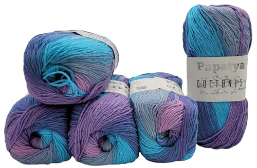 5 x 100 Gramm Papatya Cottonish Antipilling Wolle mit Farbverlauf, 500 Gramm Strickwolle mit Anti-Pilling Effekt Mehrfarbig (lila rosa blau 08) von Ilkadim Export