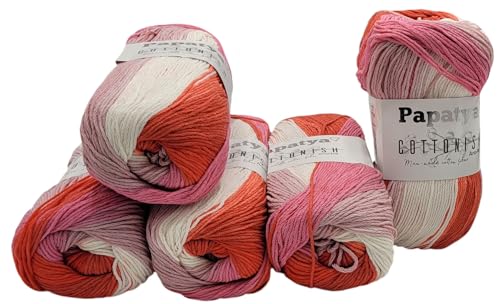 5 x 100 Gramm Papatya Cottonish Antipilling Wolle mit Farbverlauf, 500 Gramm Strickwolle mit Anti-Pilling Effekt Mehrfarbig (rot rosa weiss 03) von Ilkadim Export