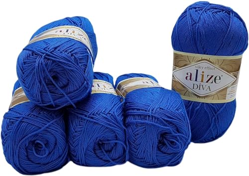 5 x 100 Gramm Strickgarn Alize Diva einfarbig, 500 Gramm merzerisierte Strickwolle microfiber-Acryl (blau 132) von Ilkadim Export