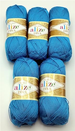 5 x 100 Gramm Strickgarn Alize Diva einfarbig, 500 Gramm merzerisierte Strickwolle microfiber-Acryl (blau 245) von Ilkadim Export