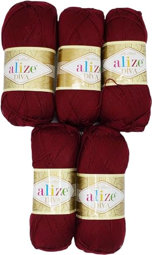 5 x 100 Gramm Strickgarn Alize Diva einfarbig, 500 Gramm merzerisierte Strickwolle microfiber-Acryl (bordeaux 57) von Ilkadim Export