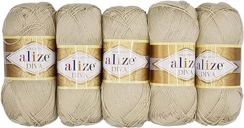 5 x 100 Gramm Strickgarn Ilkadim Export Diva einfarbig, 500 Gramm merzerisierte Strickwolle microfiber-Acryl (beige 383) von Ilkadim Export