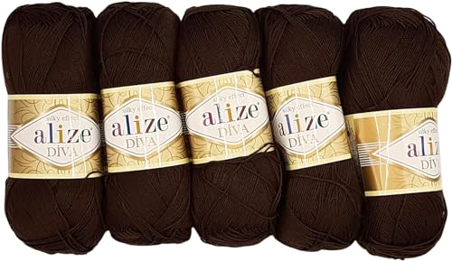 5 x 100 Gramm Strickgarn Ilkadim Export Diva einfarbig, 500 Gramm merzerisierte Strickwolle microfiber-Acryl (dunkelbraun 26) von Ilkadim Export