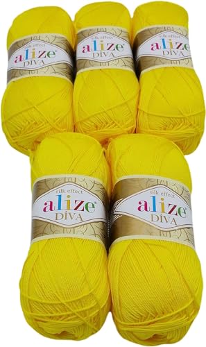 5 x 100 Gramm Strickgarn Ilkadim Export Diva einfarbig, 500 Gramm merzerisierte Strickwolle microfiber-Acryl (gelb 110) von Ilkadim Export
