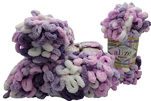 5 x 100 Gramm Strickwolle Alize Puffy Color, 500 Gramm Fingerstrick - Wolle mehrfarbig super bulky, Schlaufenwolle, Stricken ohne Nadel (flieder rosa weiss 6305) von Ilkadim Export