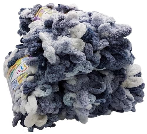 5 x 100 Gramm Strickwolle Alize Puffy Color, 500 Gramm Fingerstrick - Wolle mehrfarbig super bulky, Schlaufenwolle, Stricken ohne Nadel (grau weiss 5925) von Ilkadim Export