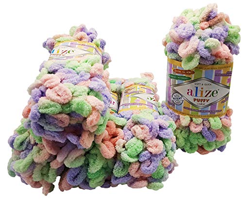 5 x 100 Gramm Strickwolle Alize Puffy Color, 500 Gramm Fingerstrick - Wolle mehrfarbig super bulky, Schlaufenwolle, Stricken ohne Nadel (grün flieder apricot 5938) von Ilkadim Export