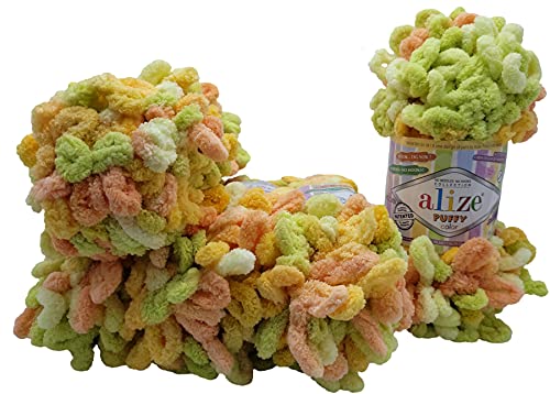 5 x 100 Gramm Strickwolle Alize Puffy Color, 500 Gramm Fingerstrick - Wolle mehrfarbig super bulky, Schlaufenwolle, Stricken ohne Nadel (kiwi gelb apricot 6313) von Ilkadim Export