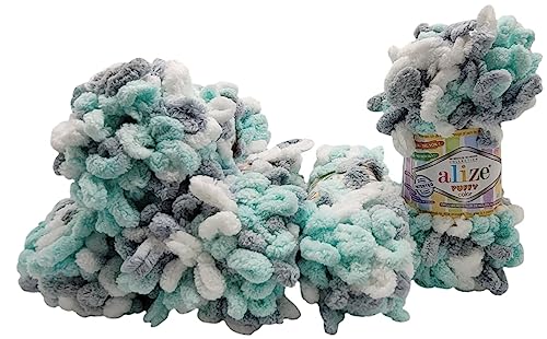 5 x 100 Gramm Strickwolle Alize Puffy Color, 500 Gramm Fingerstrick - Wolle mehrfarbig super bulky, Schlaufenwolle, Stricken ohne Nadel (mint grau weiss 6408) von Ilkadim Export