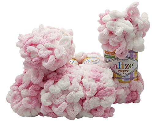 5 x 100 Gramm Strickwolle Alize Puffy Color, 500 Gramm Fingerstrick - Wolle mehrfarbig super bulky, Schlaufenwolle, Stricken ohne Nadel (rosa weiss 5863) von Ilkadim Export