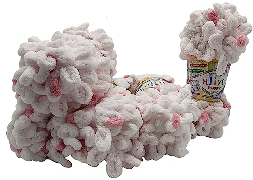 5 x 100 Gramm Strickwolle Alize Puffy Color, 500 Gramm Fingerstrick - Wolle mehrfarbig super bulky, Schlaufenwolle, Stricken ohne Nadel (weiss rosa 6492) von Ilkadim Export