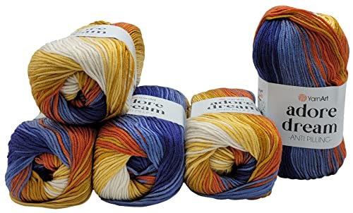 5 x 100 Gramm YarnArt Adore dream antipilling Strickgarn, Wolle mehrfarbig, 500 Gramm Farbverlauf Strickwolle (blau gelb orange weiss 1065) von Ilkadim Export