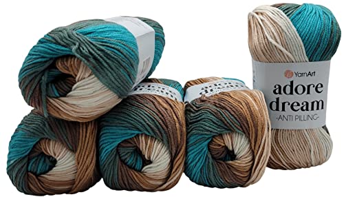 5 x 100 Gramm YarnArt Adore dream antipilling Strickgarn, Wolle mehrfarbig, 500 Gramm Farbverlauf Strickwolle (braun beige creme u.a. 1055) von Ilkadim Export