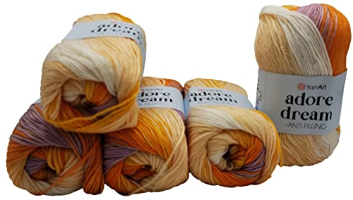 5 x 100 Gramm YarnArt Adore dream antipilling Strickgarn, Wolle mehrfarbig, 500 Gramm Farbverlauf Strickwolle (flieder orange weiss gelb 1053) von Ilkadim Export