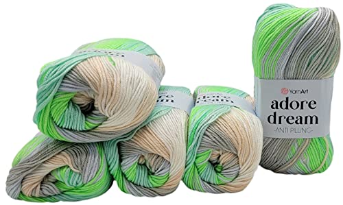 5 x 100 Gramm YarnArt Adore dream antipilling Strickgarn, Wolle mehrfarbig, 500 Gramm Farbverlauf Strickwolle (grün grau beige weiss 1052) von Ilkadim Export