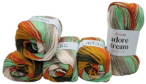 5 x 100 Gramm YarnArt Adore dream antipilling Strickgarn, Wolle mehrfarbig, 500 Gramm Farbverlauf Strickwolle (schwarz terrakotta ocker ua 1069) von Ilkadim Export