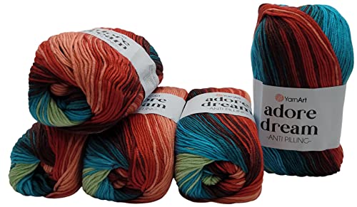 5 x 100 Gramm YarnArt Adore dream antipilling Strickgarn, Wolle mehrfarbig, 500 Gramm Farbverlauf Strickwolle (türkis mint terrakotta u.a. 1061) von Ilkadim Export