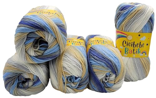 5 x 100 g Strickgarn Cicibebe Batik mehrfarbig mit Farbverlauf, 500 Gramm Strickwolle bunt, Farbverlaufsgarn (blau grau beige weiss 550-75) von Ilkadim Export