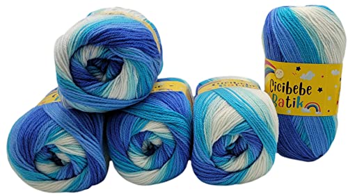 5 x 100 g Strickgarn Cicibebe Batik mehrfarbig mit Farbverlauf, 500 Gramm Strickwolle bunt, Farbverlaufsgarn (blau türkis weiss 550-32) von Ilkadim Export