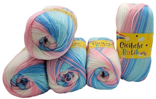 5 x 100 g Strickgarn Cicibebe Batik mehrfarbig mit Farbverlauf, 500 Gramm Strickwolle bunt, Farbverlaufsgarn (blau weiss rosa 550-35) von Ilkadim Export