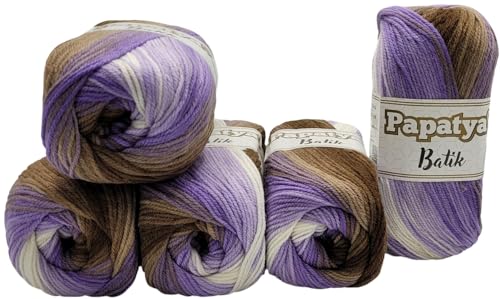 5 x 100 g Strickgarn Papatya Batik mehrfarbig mit Farbverlauf, 500 Gramm Strickwolle bunt, Farbverlaufsgarn (beige flieder weiss 554-23) von Ilkadim Export
