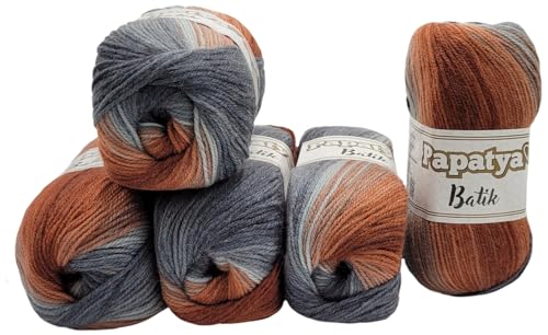 5 x 100 g Strickgarn Papatya Batik mehrfarbig mit Farbverlauf, 500 Gramm Strickwolle bunt, Farbverlaufsgarn (braun grau 554-44) von Ilkadim Export