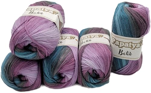 5 x 100 g Strickgarn Papatya Batik mehrfarbig mit Farbverlauf, 500 Gramm Strickwolle bunt, Farbverlaufsgarn (lila grün 554-41) von Ilkadim Export