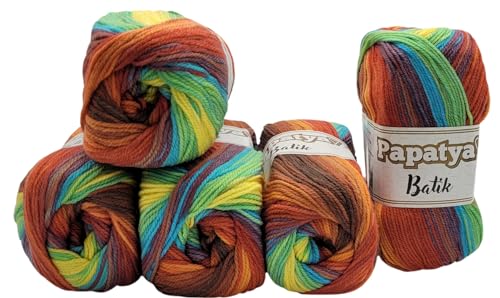 5 x 100 g Strickgarn Papatya Batik mehrfarbig mit Farbverlauf, 500 Gramm Strickwolle bunt, Farbverlaufsgarn (terrakotta grün gelb ua 554-39) von Ilkadim Export