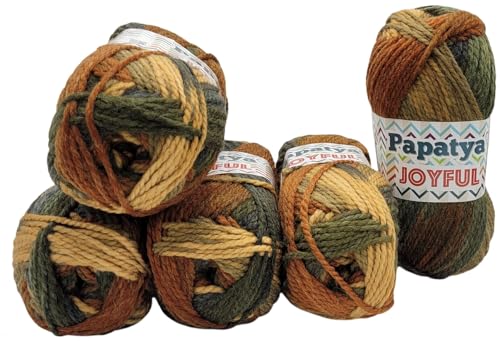 5 x 100 g Strickgarn Papatya Joyful mehrfarbig mit Farbverlauf, 500 Gramm Strickwolle 20% Wolle-Anteil bunt, Farbverlaufsgarn (braun beige oliv 08) von Ilkadim Export