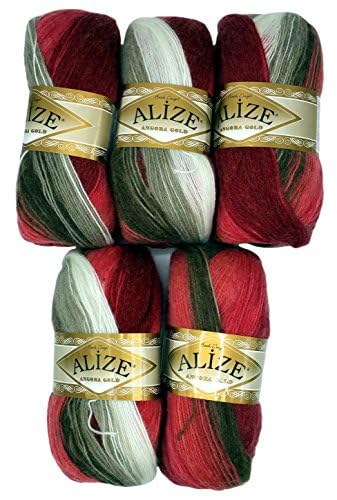 5 x 100 g Strickwolle Angora gold mehrfarbig mit Farbverlauf, 500 Gramm Strickgarn mit 20% Wolle-Anteil (bordeaux rot braun weiss 1984) von Ilkadim Export