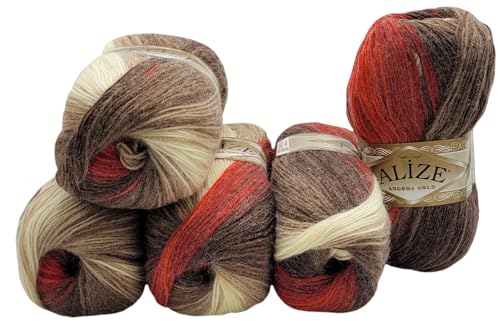 5 x 100 g Strickwolle Angora gold mehrfarbig mit Farbverlauf, 500 Gramm Strickgarn mit 20% Wolle-Anteil (rot braun beige creme 4574) von Ilkadim Export