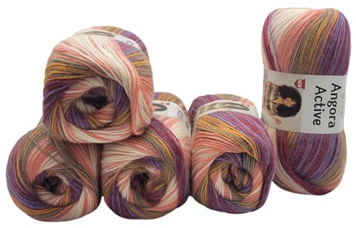 5 x 100 g YarnArt Angora Active Strickwolle mehrfarbig mit Farbverlauf, 500 Gramm Strickgarn mit 25% Mohair, Farbverlaufswolle (beere lila weiss ua 860) von Ilkadim Export