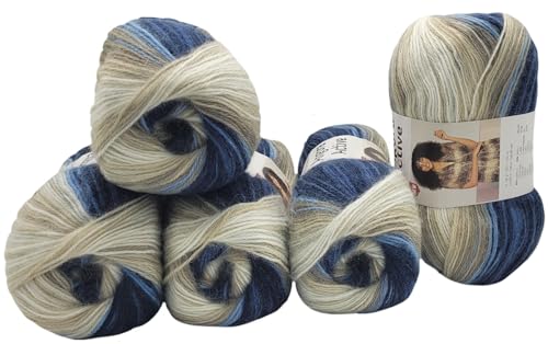 5 x 100 g YarnArt Angora Active Strickwolle mehrfarbig mit Farbverlauf, 500 Gramm Strickgarn mit 25% Mohair, Farbverlaufswolle (blau grau weiss 859) von Ilkadim Export