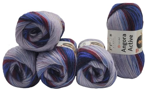 5 x 100 g YarnArt Angora Active Strickwolle mehrfarbig mit Farbverlauf, 500 Gramm Strickgarn mit 25% Mohair, Farbverlaufswolle (bordeaux grau blau 855) von Ilkadim Export