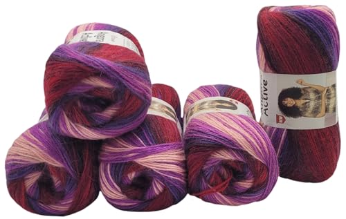 5 x 100 g YarnArt Angora Active Strickwolle mehrfarbig mit Farbverlauf, 500 Gramm Strickgarn mit 25% Mohair, Farbverlaufswolle (bordeaux lila apricot 856) von Ilkadim Export