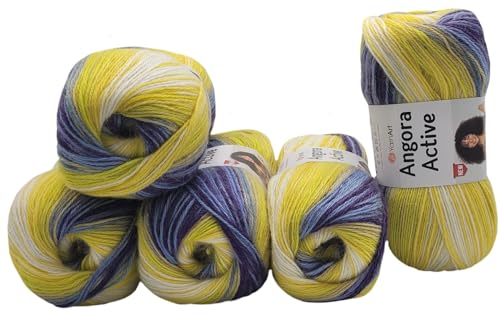 5 x 100 g YarnArt Angora Active Strickwolle mehrfarbig mit Farbverlauf, 500 Gramm Strickgarn mit 25% Mohair, Farbverlaufswolle (lila blau gelb weiss 854) von Ilkadim Export