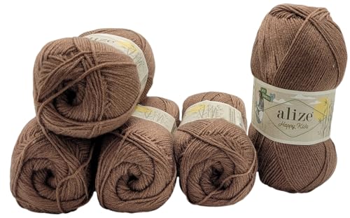 5 x 100g Alize Happy Kids Strickgarn mit Wolle und Bambus, 500 Gramm Strickwolle einfarbig, Bambuswolle uni (braun 232) von Ilkadim Export