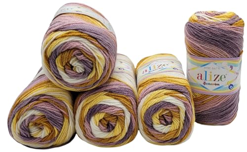 5 x 100g Babywolle Alize Sekerim Bebe Batik mehrfarbig, 500 Gramm Wolle zum Stricken und Häkeln (flieder rosa ocker ua 7921) von Ilkadim Export