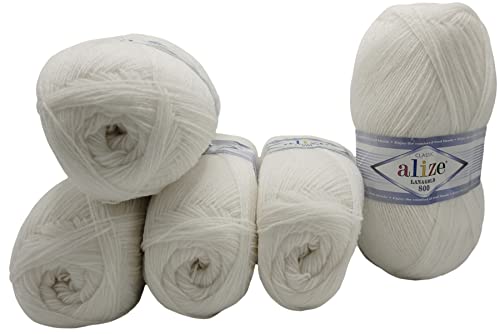 5 x 100g Strickwolle Alize Lanagold 800 mit 49% Wolle, 500 Gramm Strickgarn einfarbig (weiss 55) von Ilkadim Export