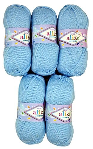 5 x 100g Strickwolle Alize Sekerim Bebe, 500 Gramm Wolle einfarbig, Strickgarn Babywolle (blau 183) von Ilkadim Export