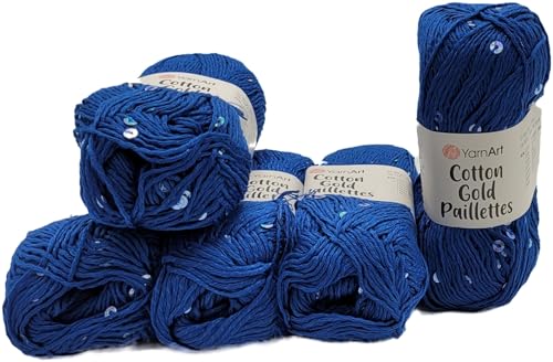 5 x 50g Cotton Gold Paillettes Strickwolle einfarbig mit Pailletten, 250 Gramm Paillettengarn, Paillettenwolle Baumwolle und Polyester, Effektgarn, Strickgarn (dunkelblau 7111) von Ilkadim Export