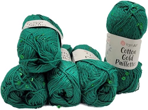 5 x 50g Cotton Gold Paillettes Strickwolle einfarbig mit Pailletten, 250 Gramm Paillettengarn, Paillettenwolle Baumwolle und Polyester, Effektgarn, Strickgarn (grün 7114) von Ilkadim Export
