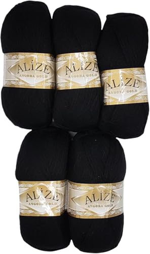 500 Gramm Ilkadim Export Strickwolle Angora gold mit 20% Wolle, 5 x 100 Gramm Strickgarn einfarbig (schwarz 60) von Ilkadim Export