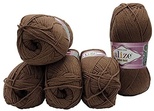 500g Strickwolle Ilkadim Export Cotton gold einfarbig, 5 x 100g Strickgarn mit 55% Baumwolle, uni (braun 493) von Ilkadim Export