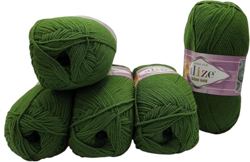 500g Strickwolle Ilkadim Export Cotton gold einfarbig, 5 x 100g Strickgarn mit 55% Baumwolle, uni (grün 35) von Ilkadim Export