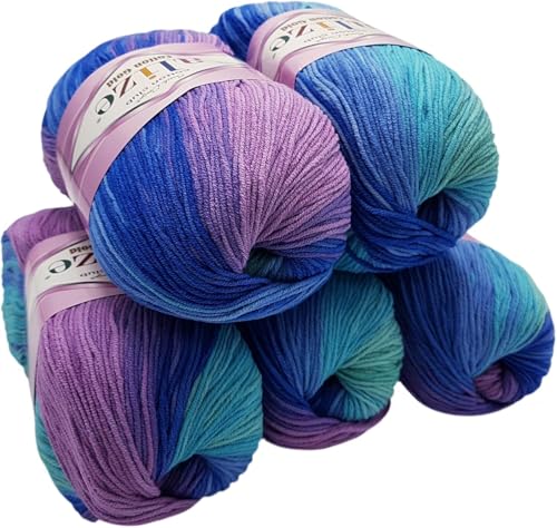 500g Strickwolle Ilkadim Export Cotton gold mit Farbverlauf mehrfarbig, 5 x 100 Gramm Strickgarn 55% Baumwolle (blau flieder mint 4531) von Ilkadim Export