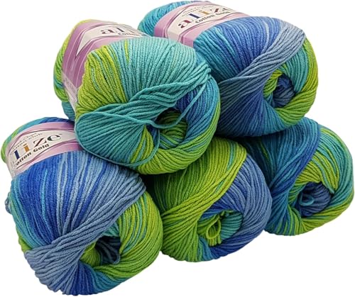 500g Strickwolle Ilkadim Export Cotton gold mit Farbverlauf mehrfarbig, 5 x 100 Gramm Strickgarn 55% Baumwolle (blau mint grün 4146) von Ilkadim Export