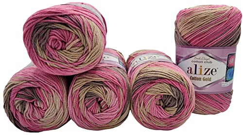 500g Strickwolle Ilkadim Export Cotton gold mit Farbverlauf mehrfarbig, 5 x 100 Gramm Strickgarn 55% Baumwolle (pink rosa braun beige 7829) von Ilkadim Export
