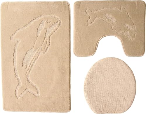 Ilkadim Export 3-teiliges Badset WC Delphin Muster einfarbig, Badteppich 55x85cm, WC-Vorleger mit Ausschnitt für Stand-WC (Beige) von Ilkadim Export